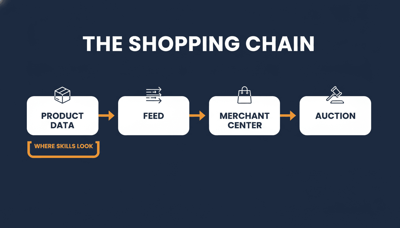 The Shopping chain: product data to feed to Merchant Center to the auction, with skills looking at the front of the chain