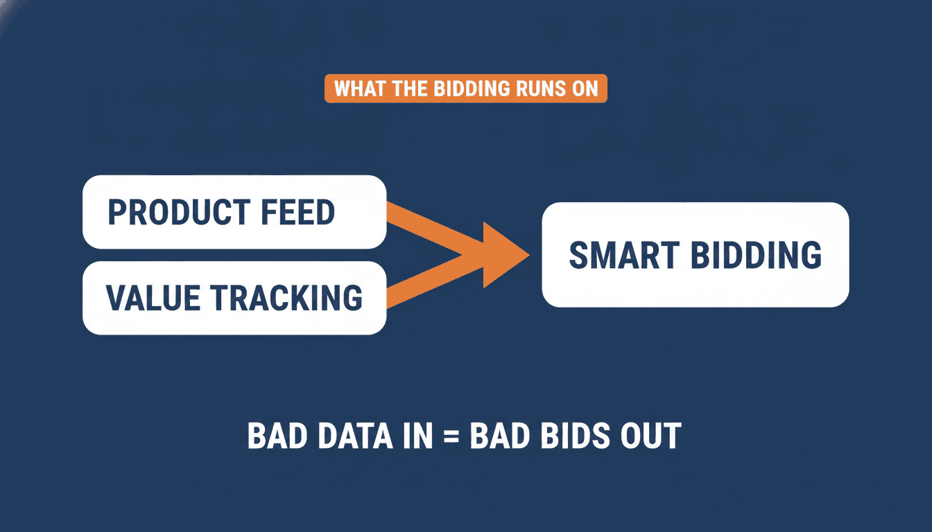 Diagram showing product feed and value tracking feeding into Smart Bidding, with the line bad data in equals bad bids out
