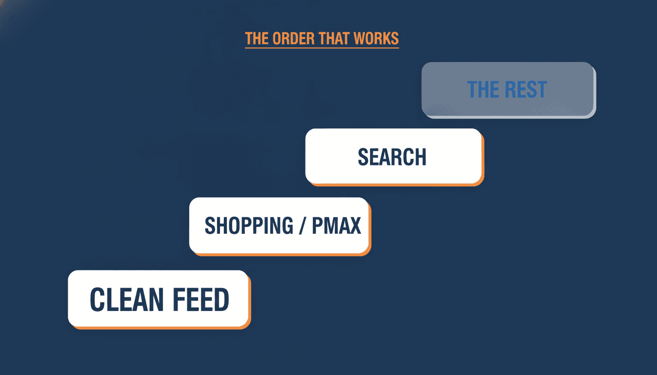 Ascending staircase showing the priority order: clean feed first, then Shopping slash PMax, then Search, then the rest dimmed as optional