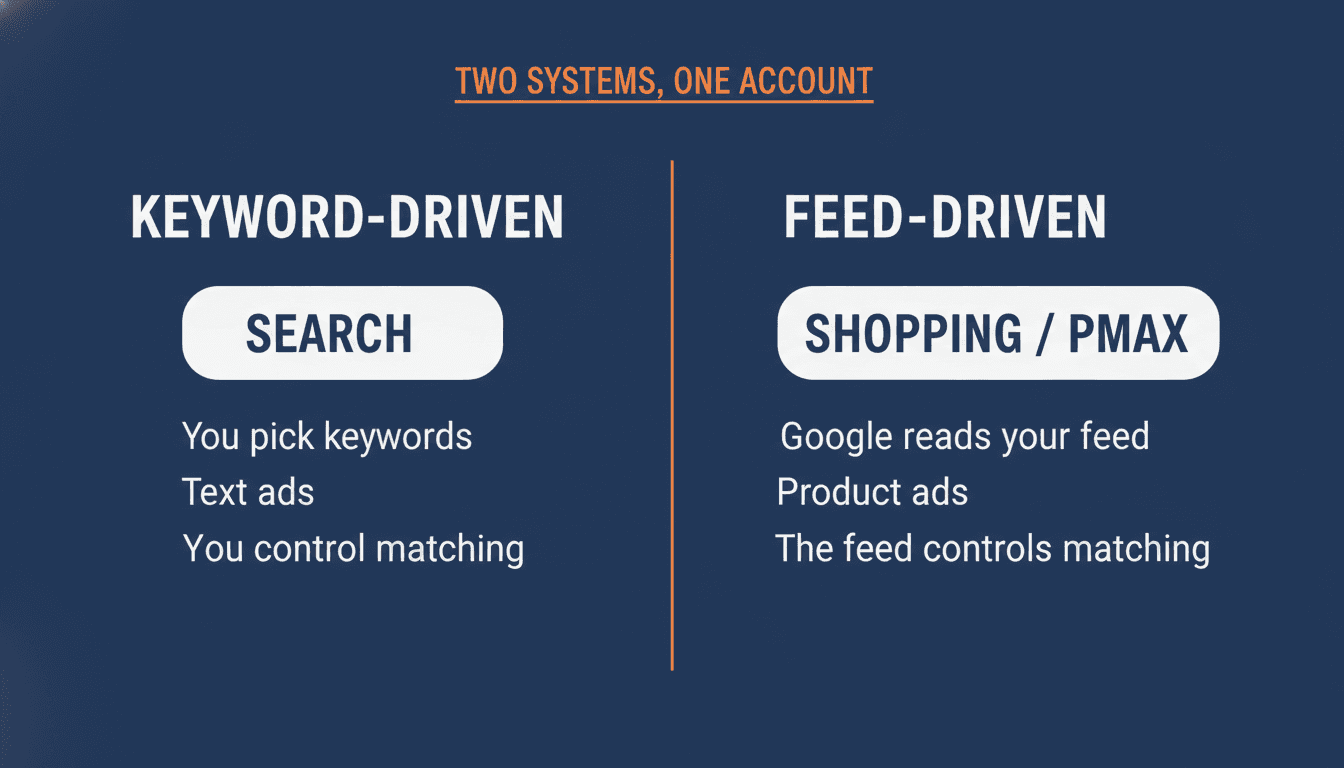 Two-column diagram comparing keyword-driven Search (you pick keywords, text ads, you control matching) with feed-driven Shopping and Performance Max (Google reads your feed, product ads, the feed controls matching)