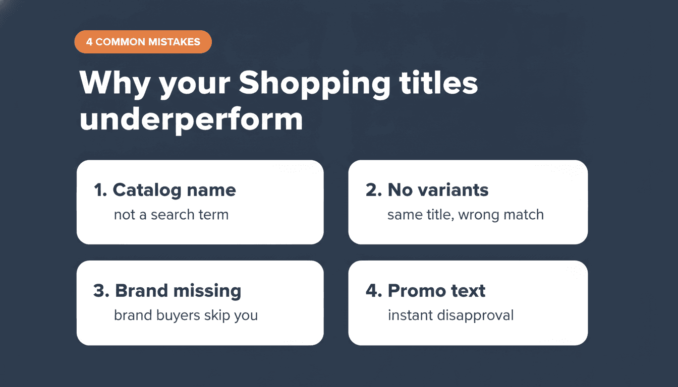 Four common Shopping title mistakes: generic name, no variant distinction, brand missing, promotional text