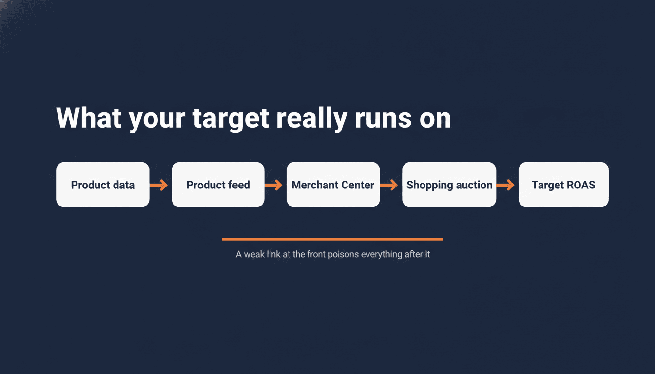 Pipeline diagram showing the chain from product data to product feed to Merchant Center to Shopping auction to target ROAS, with the caption a weak link at the front poisons everything after it