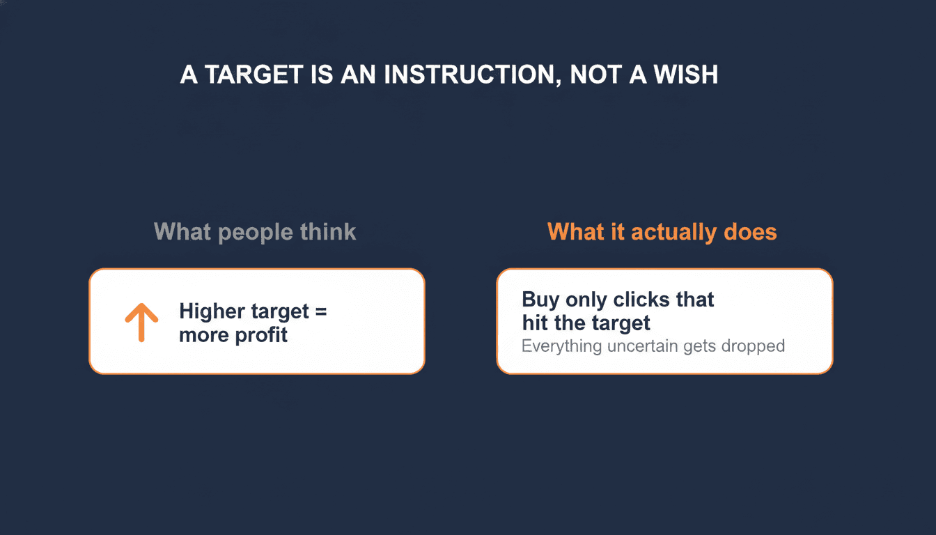 Diagram contrasting what people think a target ROAS does (higher target equals more profit) with what it actually does (buy only clicks that hit the target, everything uncertain gets dropped)
