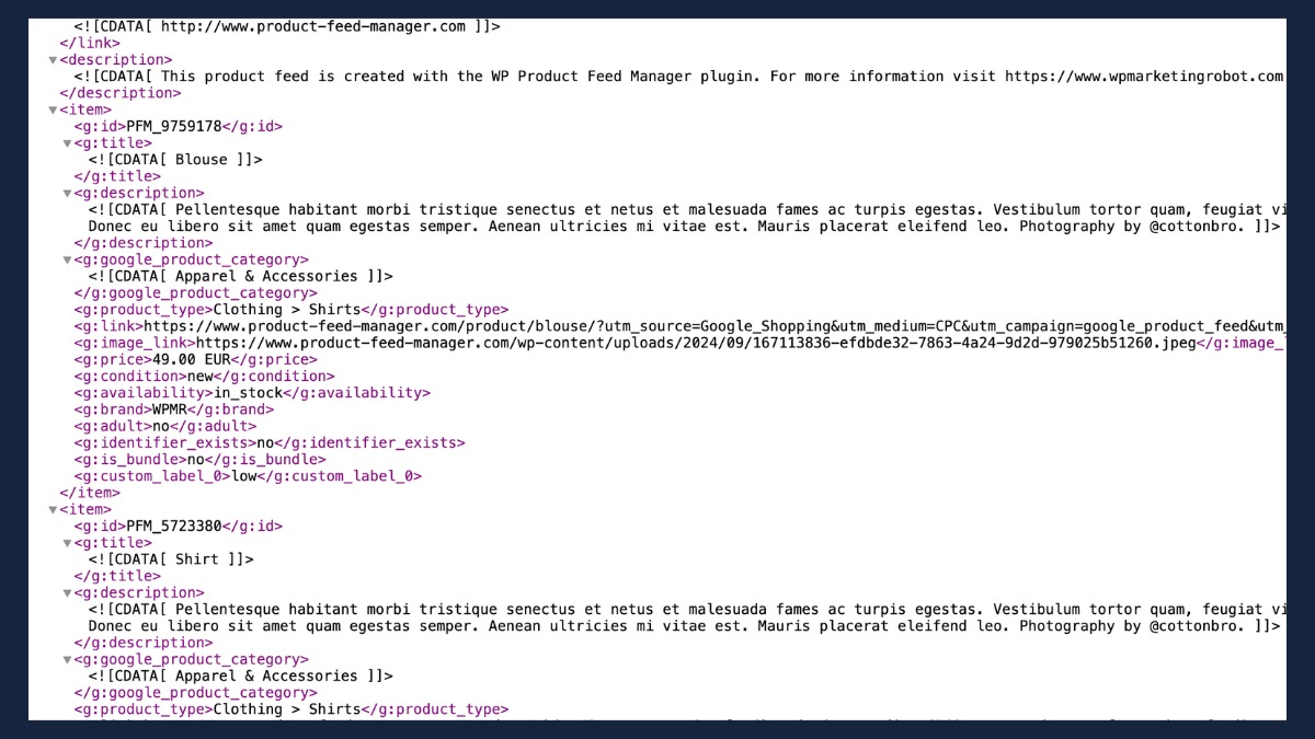A product feed showing a custom_label_0 field set to a margin tier alongside the standard product attributes