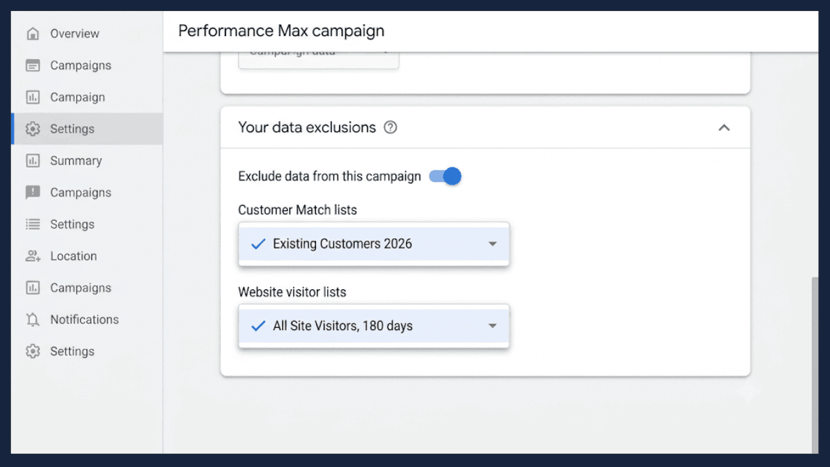The data exclusions settings panel in Google Ads campaign settings, with a Customer Match list selected