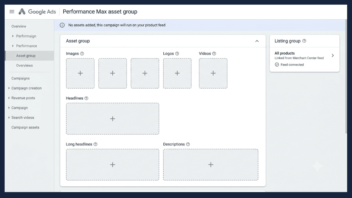 A Performance Max asset group running on Merchant Center feed data alone, before any manual asset is added
