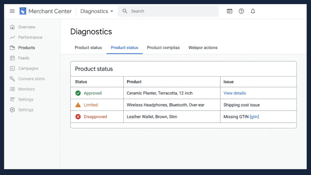 Merchant Center Diagnostics tab showing approved, limited, and disapproved products with a disapproval reason visible