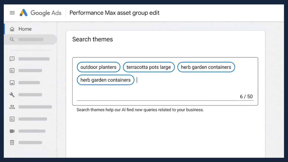 Search themes field inside a Performance Max asset group, showing the expanded slot count