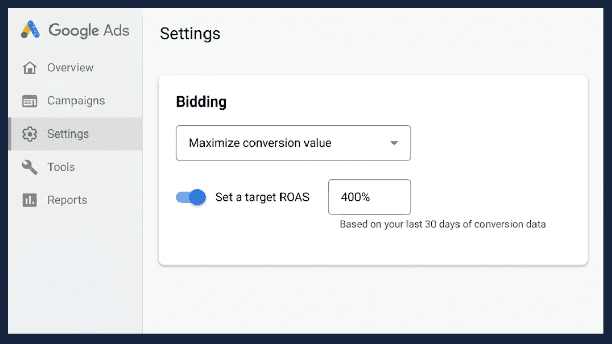 Target ROAS field in the Smart Bidding strategy selector inside Google Ads