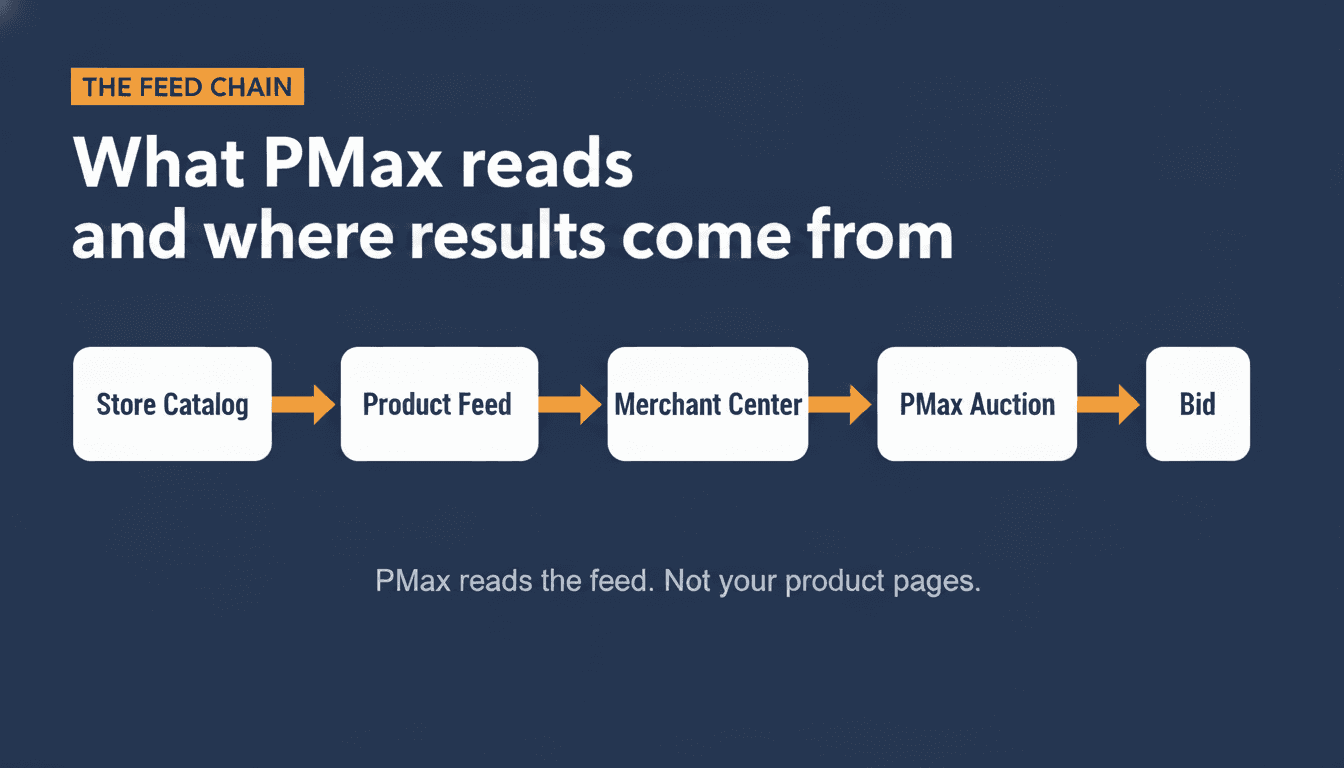 Pipeline diagram showing four stages: Store Catalog, Product Feed, Merchant Center, PMax Auction and Bid, with arrows connecting each stage Pipeline diagram showing four stages: Store Catalog, Product Feed, Merchant Center, PMax Auction and Bid, with arrows connecting each stage